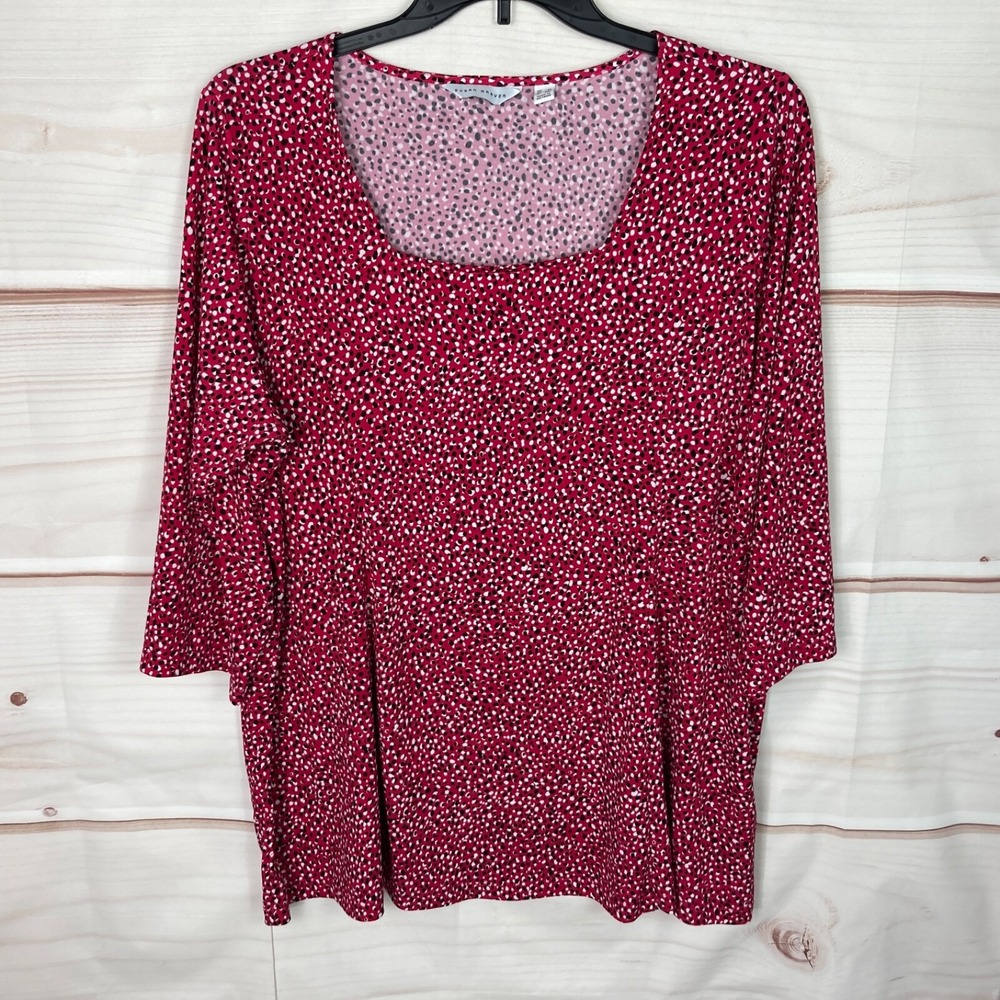 Susan Graver Top Womens 2X Pink Polka Dot Liquid Knit Fit & Flare Tunic Pullover